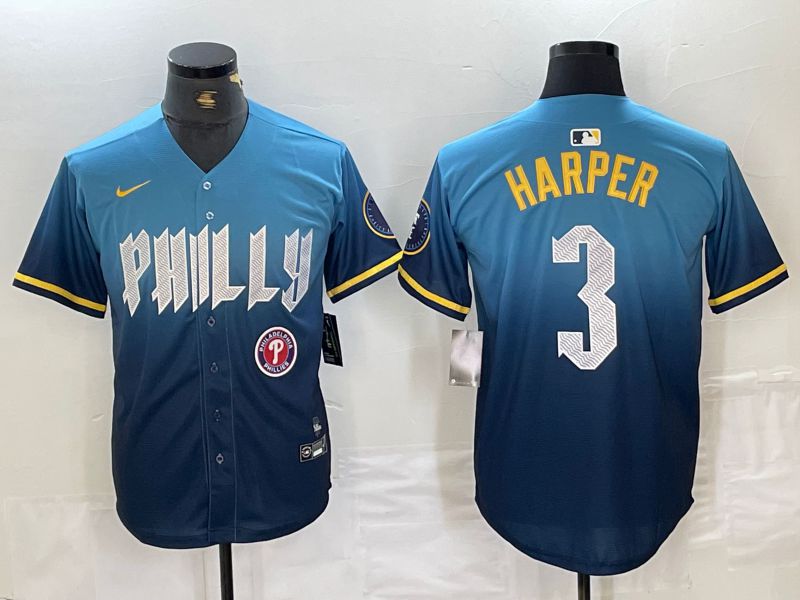 Men Philadelphia Phillies 3 Harper Blue City Edition Nike 2024 MLB Jersey style 3